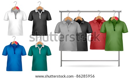 Black and white t-shirt design template. Clothes hanger with shirts with price tags. Vector illustration.