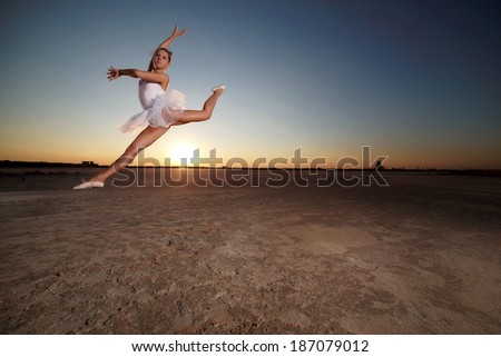 Image of female ballet dancer against sunset background .Fashion photo.