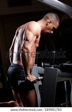 Muscled male model with strong arms.Triceps  Workout . Low light.