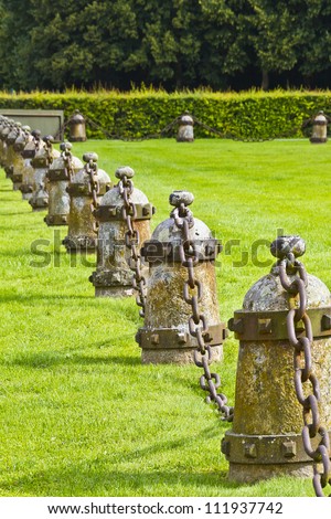 Medieval fence in Vaux-Le-Vicomte palace. Chateau de Vaux-le-Vicomte (1661) - baroque French Palace located in Maincy, near Melun, in Seine-et-Marne department of France.