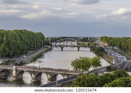 Panoramic view of Angers on river Maine in Maine-et-Loire department, France. Angers was before the French Revolution the capital of the province of Anjou.