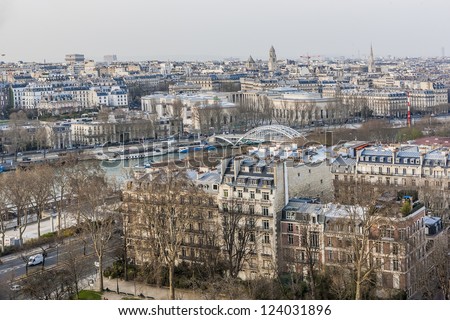 Paris panorama, France. Paris Rooftops and Seine River from Eiffel Tower.