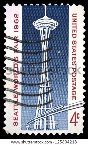 UNITED STATES OF AMERICA - CIRCA 1962: A stamp printed in USA, shows Space Needle and Monorail, with inscription and name of series \