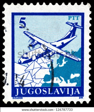 YUGOSLAVIA - CIRCA 1986: Stamp printed in Yugoslavia shows a Aircraft, hemispheres on world map, without inscription, from series \