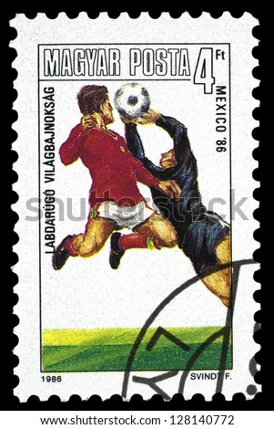HUNGARY - CIRCA 1986: A stamp printed in Hungary, shows football players	, with inscription and name of series 