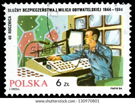 POLAND - CIRCA 1984: A stamp printed in Poland shows Militiaman in control center, with inscription and name of series \