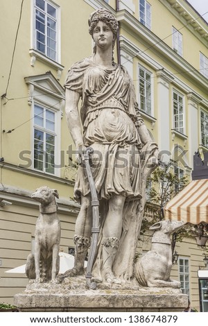 An ancient statue of Diana in the central square of Lviv - Market (Rynok) Square near City Hall. Lviv - city in western Ukraine, capital of historical region Galicia