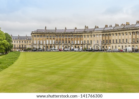 Royal Crescent (architect John Wood the Younger, 1774) - street of 30 terraced houses laid out in a sweeping crescent in Bath. Bath is a city in ceremonial county of Somerset in South West England.