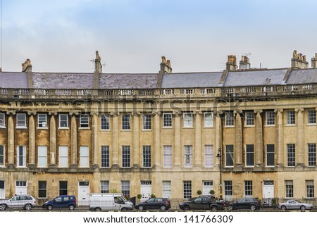 Royal Crescent (architect John Wood the Younger, 1774) - street of 30 terraced houses laid out in a sweeping crescent in Bath. Bath is a city in ceremonial county of Somerset in South West England.