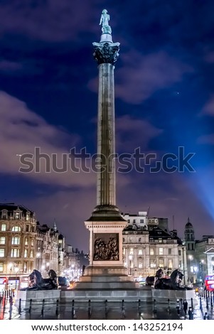 Nelson\'s Column (at night) - a monument in Trafalgar Square in central London built to commemorate Admiral Horatio Nelson, who died at the Battle of Trafalgar in 1805.