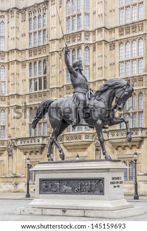 Statue of Richard Coeur de Lion - equestrian statue of Richard I of England is located in Old Palace Yard outside Palace of Westminster. Statue was designed by Baron Carlo Marochetti, erected in 1856.
