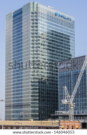 LONDON, UK - MAY 30: Barclays Head Quarter on May 30, 2013, Canary Wharf, London, UK. Barclays - British multinational banking and financial services company - fourth-largest of any bank worldwide