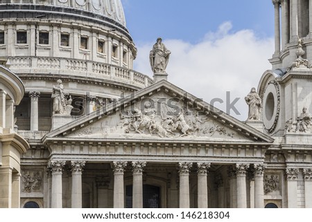 Close up of the magnificent St. Paul Cathedral Dome in London. It sits at top of Ludgate Hill - highest point in City of London. Cathedral was built by Christopher Wren between 1675 and 1711.