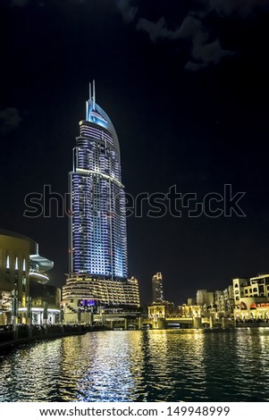 DUBAI, UAE - OCTOBER 1: Night view of Burj Khalifa Lake on October 1, 2012, Dubai, United Arab Emirates. Burj Khalifa Lake - 12-hectare man-made Lake near Burj Khalifa skyscraper.