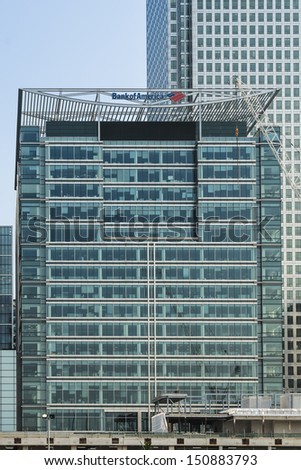 LONDON, UK - MAY 26: Bank of America UK Head Quarter at evening on May 26, 2013, Canary Wharf, London. Canary Wharf is a major business district located in Borough of Tower Hamlets.