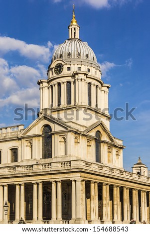 View of Old Royal Naval College building (UNESCO World Heritage Site) at sunset. Greenwich, London, UK