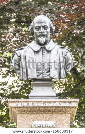 A bust of William Shakespeare in the St Mary Aldermanbury Garden, London. The bust is a memorial to John Heminge and Henry Condell who printed the first folio of Shakespeare\'s work.