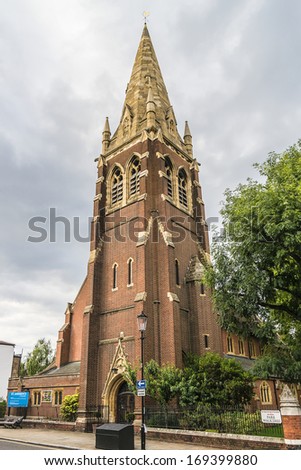 St. Andrew\'s Church - well built place of worship tucked away on a residential street of Chelsea between the King\'s Road and Fulham Road. London, England, UK. Church was built in late 19th Century.