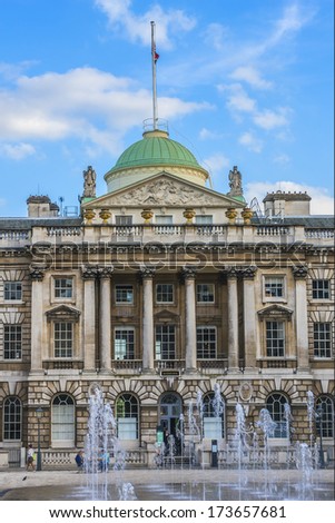 Somerset House - large Neoclassical building (design Sir William Chambers, 1776) in central London, overlooking River Thames. Somerset House - one of the major art and culture center in London.