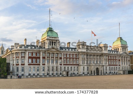 LONDON, UK  SEPTEMBER 1, 2013: Horse Guards building at sunset. It was built 1751 -1753 between Whitehall and Horse Guards Parade in Palladian style by John Vardy and designed by William Kent.