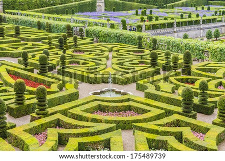 VILLANDRY, FRANCE - JULY 20, 2012: Traditional French garden. Ornamental Garden. Chateau de Villandry - castle-palace in department Indre-et-Loire, France. It is world known for its amazing gardens.
