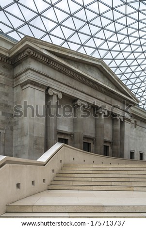 LONDON, UK - AUGUST 18, 2013: Interior of main court of British Museum - museum of human history and culture and one of the top attractions of London. British Museum was established in 1753.