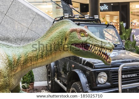 KRAKOW, POLAND - MARCH 5, 2014: Dinosaurs in Galeria Krakowska. Galeria Krakowska (over 55,470 sqm) has 270 specialty shops and restaurants in two roof-covered shopping malls.