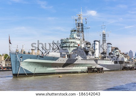 LONDON, UK - MAY 26,2013: View of HMS Belfast (Royal Navy light cruise) - warship Museum in London. Belfast moored in London on River Thames and operated by the Imperial War Museum.