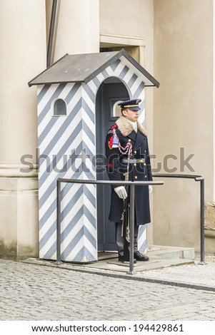 PRAGUE, CZECH REPUBLIC - MARCH 7, 2014: Soldier of elite Prague Castle Guard in front of Prague Castle entrance.