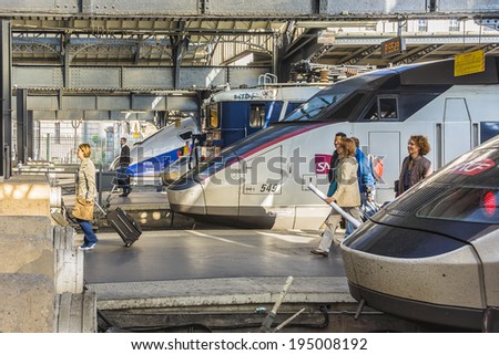 PARIS, FRANCE - MAY 17, 2014: Interior of Paris Est (Gare de l'Est, East station) - one of the six large SNCF termini in Paris.  It is one of the largest and the oldest railway stations in Paris