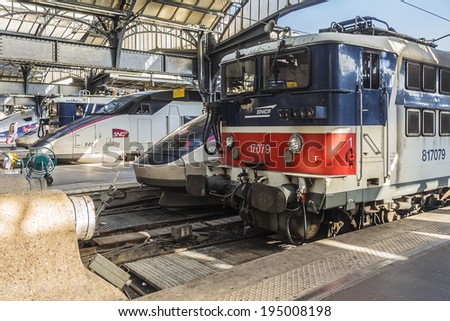 PARIS, FRANCE - MAY 17, 2014: Interior of Paris Est (Gare de l\'Est, East station) - one of the six large SNCF termini in Paris.  It is one of the largest and the oldest railway stations in Paris