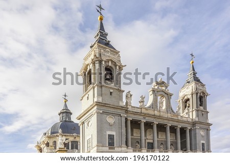 Main facade of Santa Maria la Real de La Almudena (designed by Marquis of Cuba, 1883 - 1993) - Catholic cathedral in Madrid, Spain