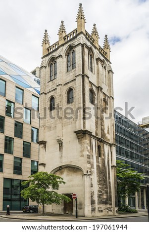 Saint Alban Church Tower in Wood Street, City of London. St Alban was a church dedicated to Saint Alban. It was severely damaged by bombing during Second World War - ruins cleared, leaving only tower.