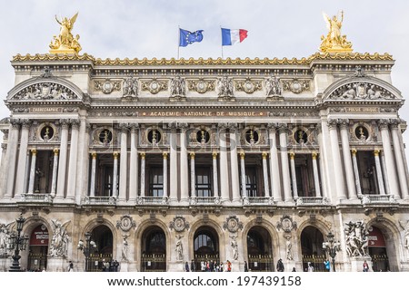 PARIS, FRANCE - MAY 10, 2014: View of Opera National de Paris (Garnier Palace). Palais Garnier is a 1,979 seat opera house, which was built in 1875 for Paris Opera. Opera - UNESCO World Heritage Site.
