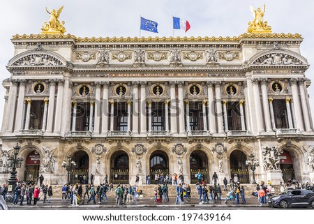 PARIS, FRANCE - MAY 10, 2014: View of Opera National de Paris (Garnier Palace). Palais Garnier is a 1,979 seat opera house, which was built in 1875 for Paris Opera. Opera - UNESCO World Heritage Site.