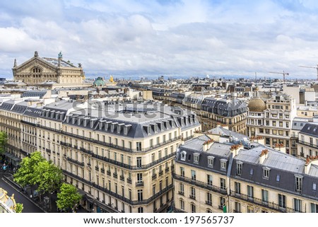 Panorama of Paris - Opera Garnier in the background. View from Printemps store. France.
