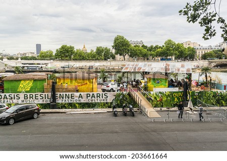 PARIS, FRANCE - JULY 8, 2014: Fan Zone - an Oasis on banks of Seine for football fans for period of FIFA World Cup - international soccer tournament taking place in Brazil (12 June - 13 July, 2014).