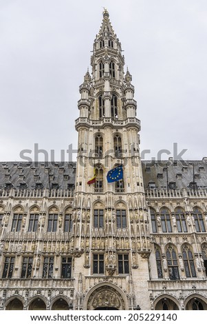 Town Hall (Hotel de Ville) on Grand Place (Grote Markt) - central square of Brussels - most important tourist destination and most memorable landmark in Brussels, Belgium.