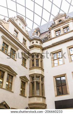 DRESDEN, GERMANY - MARCH 6, 2014: Architectural fragments of the Hall Staatliche Kunstsammlungen Dresden (Dresden State Art Collections) building in Dresden Castle.