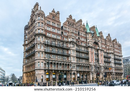 LONDON, UK - MARCH 17, 2013: Famous Four star Hotel Russell on Russell Square in London. Hotel Russell was built in 1898 by Charles Fitzroy Doll in style \
