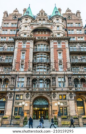 LONDON, UK - MARCH 17, 2013: Famous Four star Hotel Russell on Russell Square in London. Hotel Russell was built in 1898 by Charles Fitzroy Doll in style \