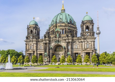 BERLIN, GERMANY - JUNE 16, 2014: Berlin Cathedral (Berliner Dom) - famous landmark on the Museum Island in Mitte district of Berlin. It was built between 1895 and 1905.