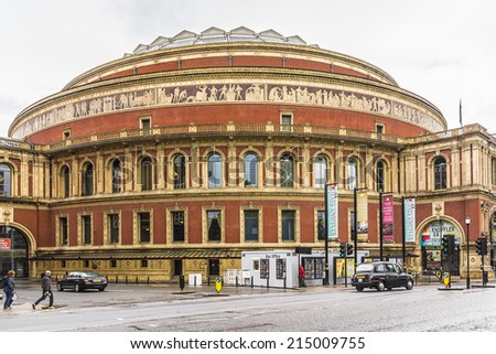 LONDON, UK - MAY 26, 2013: View of Royal Albert Hall - most famous for summer Proms concerts since 1941 in London. It was completed in 1871; architects Francis Fowke and Henry Scott.