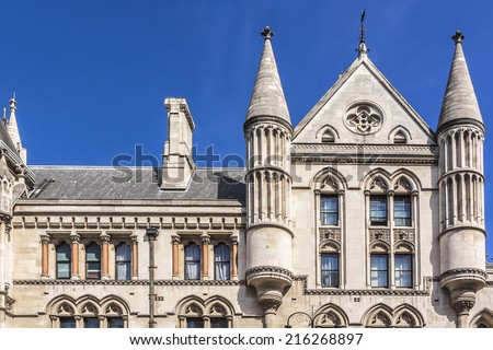 Royal Courts of Justice in the Victorian Gothic style (Law Courts, designed by George Edmund Street, 1882) in London, UK.