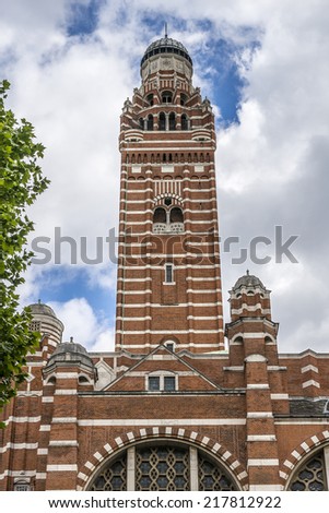 LONDON, UK - JUNE 2, 2013: Westminster Cathedral (1895 - 1903) - mother church of Catholic community in England & Wales and Metropolitan Church & Cathedral of Archbishop of Westminster.