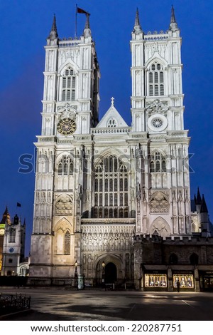Westminster Abbey (The Collegiate Church of St Peter at Westminster) at night - Gothic church in City of Westminster, London. Westminster is traditional place of coronation for English monarchs.