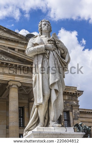 Statue of Germany\'s poet, philosopher and historian Friedrich Schiller near Concert Hall on Gendarmenmarkt Square in Berlin, Germany.