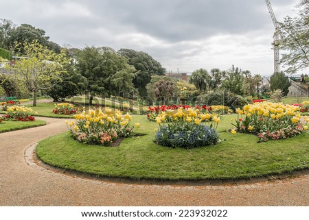 Victorian Candie Gardens in St Peter Port, Guernsey. Candie Gardens - example of a late 19th century public flower garden. Guernsey - British Crown dependency in English Channel off coast of Normandy.