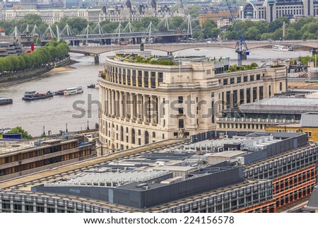 Aerial View of London from viewing platform of St Paul Cathedral, London, UK