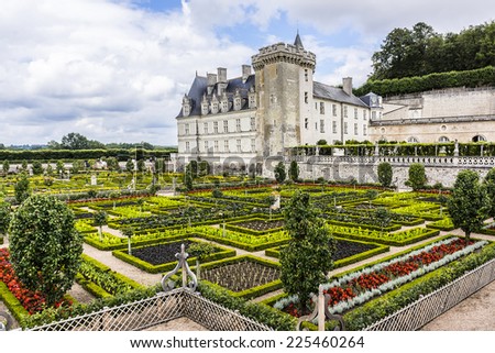 VILLANDRY, FRANCE - JULY 20, 2012: Traditional French garden in Chateau de Villandry. Chateau de Villandry (castle-palace) in department of Indre-et-Loire - world known for its amazing gardens.